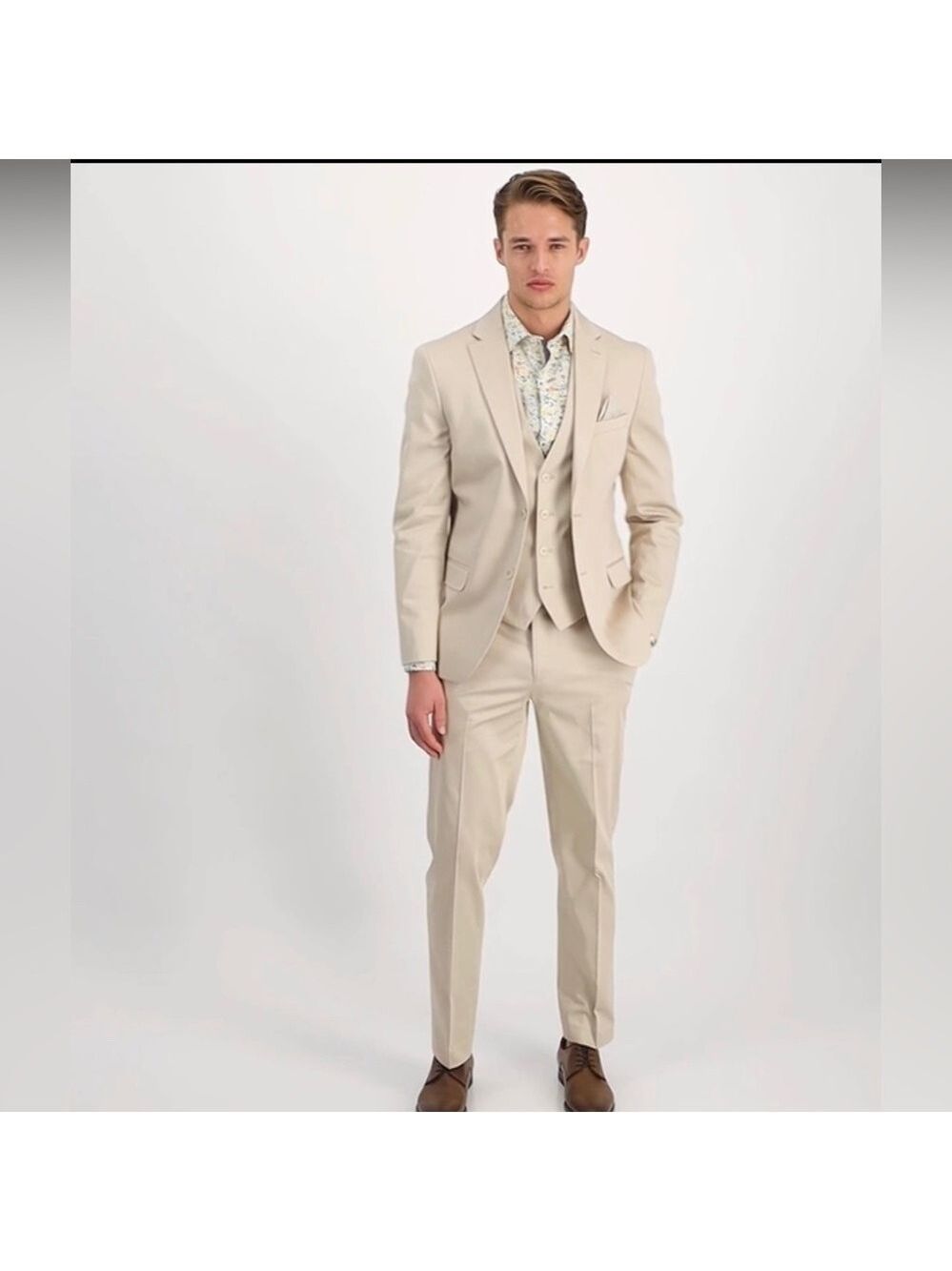 Bar III Slim Fit Cotton Stretch Solid Two Piece Suit in Tan - 36 Regular - NWT